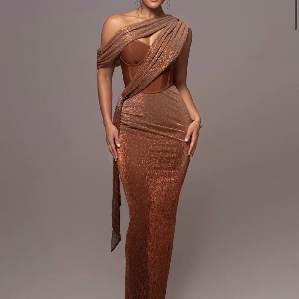 JLUXLABEL Shimmering Copper One-Shoulder Dress